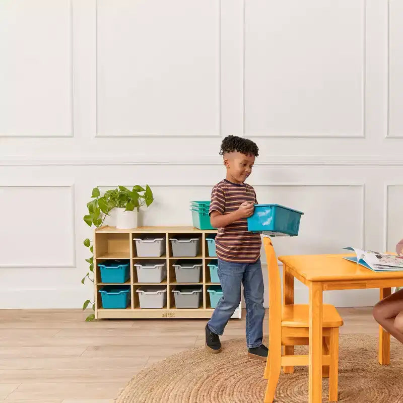Meuble mobile à plateaux avec casiers et 15 bacs frontaux à ouverture en forme de cuillère, 3 x 4, mobilier pour enfants