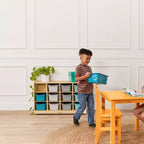 Meuble mobile à plateaux avec casiers et 15 bacs frontaux à ouverture en forme de cuillère, 3 x 4, mobilier pour enfants