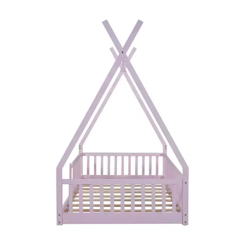 Bodenbett für Kinder, Zeltbett in Einzelgröße, Montessori-Bodenbett mit Lattenrost und Schutzgittern, Holzhaus-Bettrahmen für Jungen und Mädchen