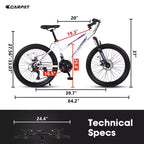 Okak 24/26-Zoll-Mountainbike mit 21 Gängen und Scheibenbremsen an Vorder- und Hinterrad, Kinderfahrrad mit 100-mm-Federgabel, Dirtbike für Jugendliche und Frauen