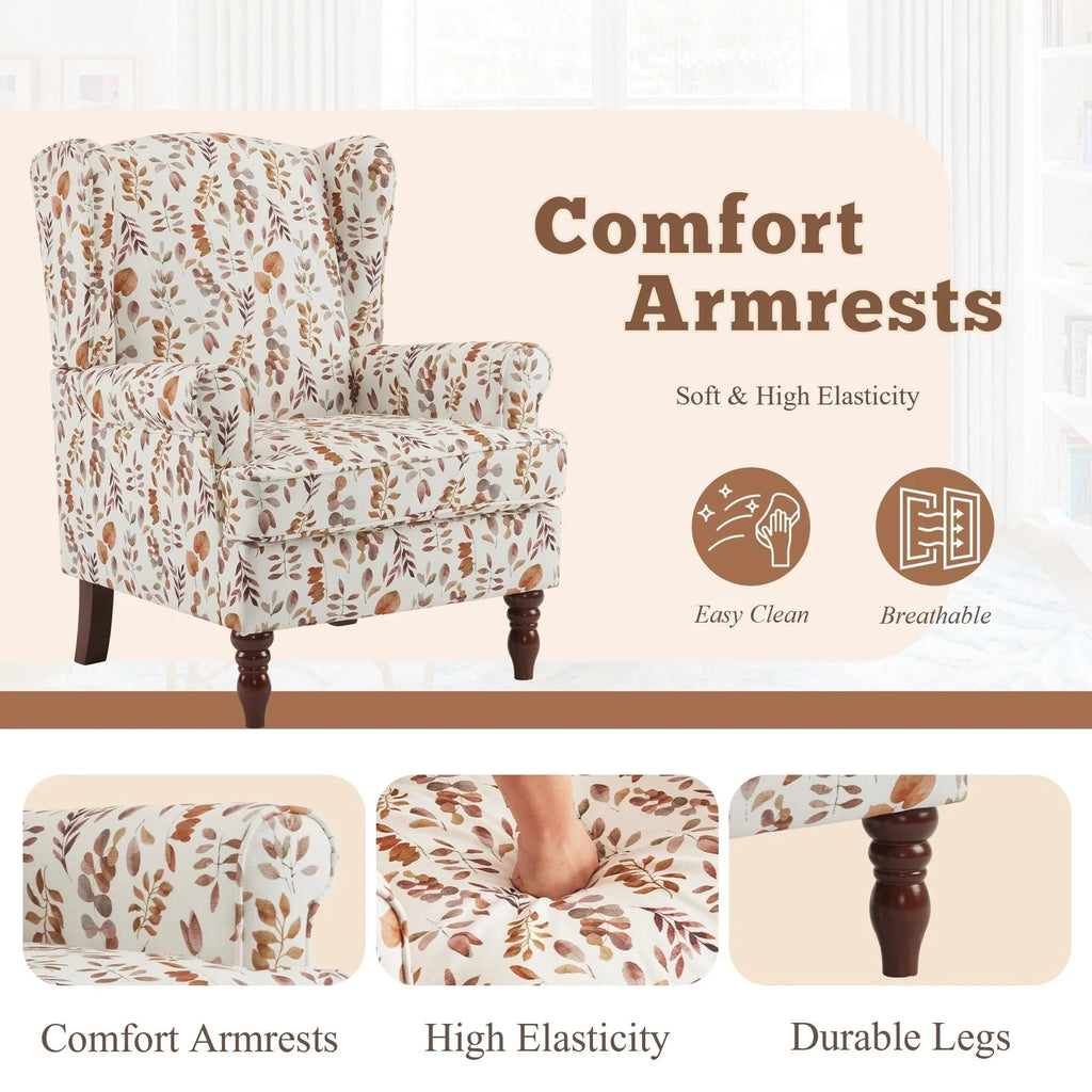 Erommy moderne accentstoel, fauteuil met hoge rugleuning, gestoffeerde stoffen fauteuil met knopen en houten poten voor de woonkamer