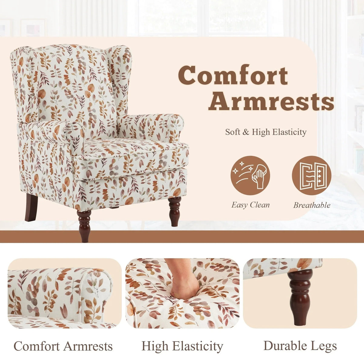 Erommy moderne accentstoel, fauteuil met hoge rugleuning, gestoffeerde stoffen fauteuil met knopen en houten poten voor de woonkamer