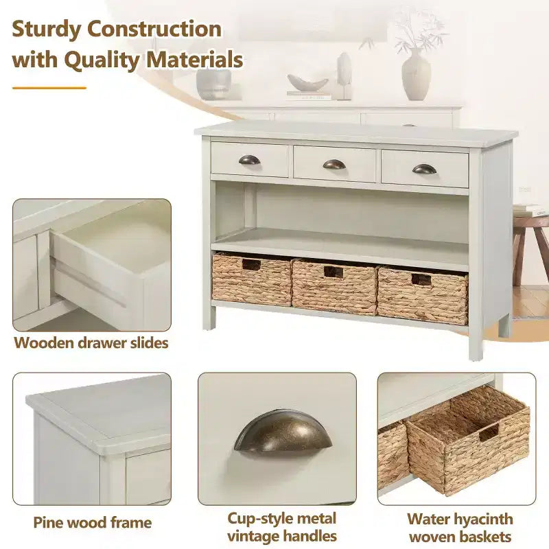 Console d’entrée avec rangement, table de couloir de style champêtre avec 3 tiroirs et 3 paniers en jacinthe d’eau pour le salon ou le vestibule – Panipeachy