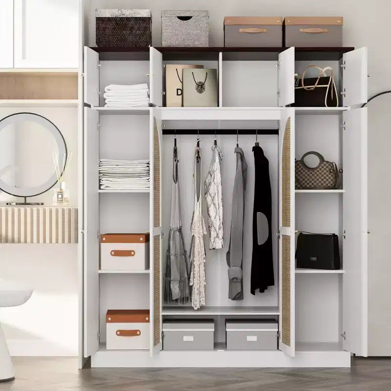 Armoire-penderie haute de 70,87 pouces à 8 portes, grande capacité, avec tringle, étagères réglables et portes décoratives en rotin