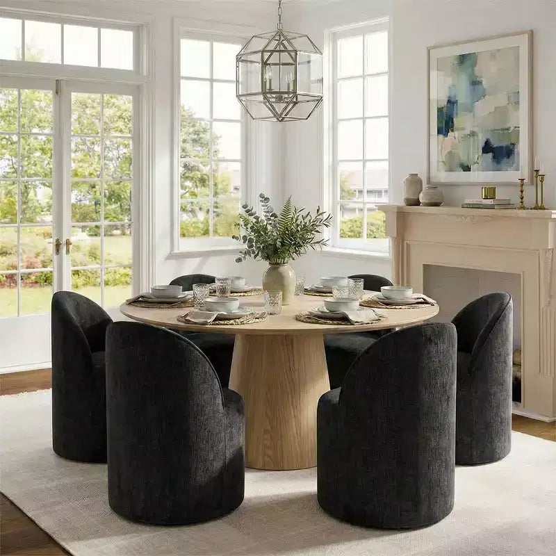 Modernes Esszimmer-Set für 6 Personen, runder Esstisch mit Säulenfuß, drehbare Fassstühle mit Rollen, Chenille-Strukturstoff – Panipeachy