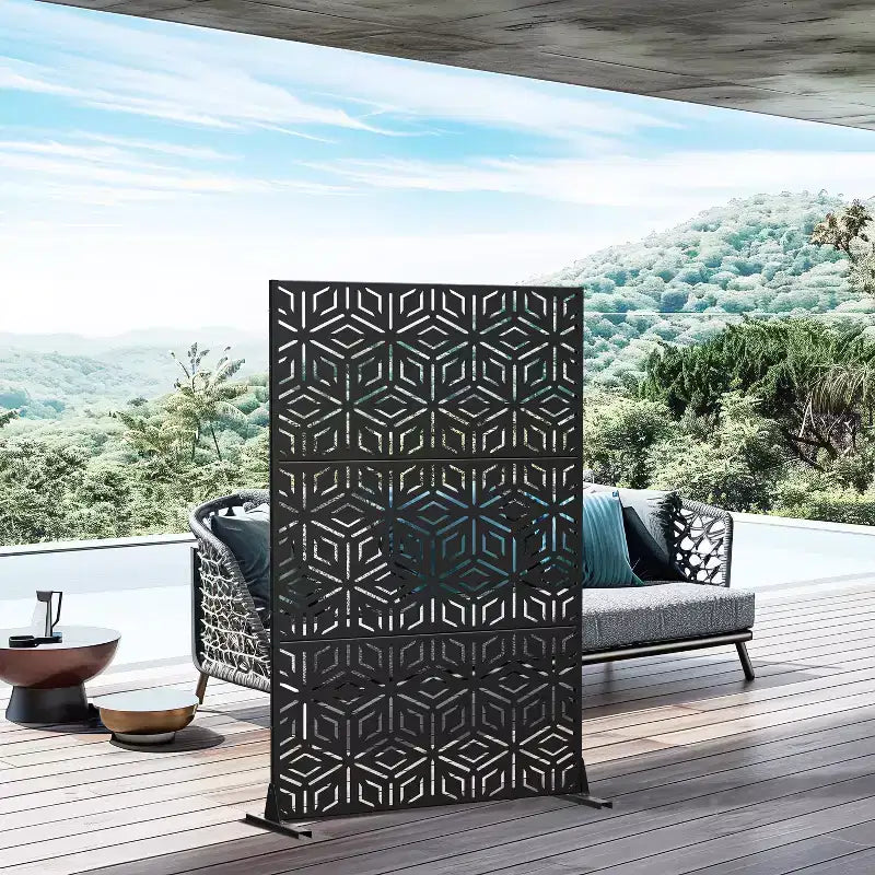 3-Panel Room Divider Screen with Geometric Pattern ?C Black Galvanized Steel