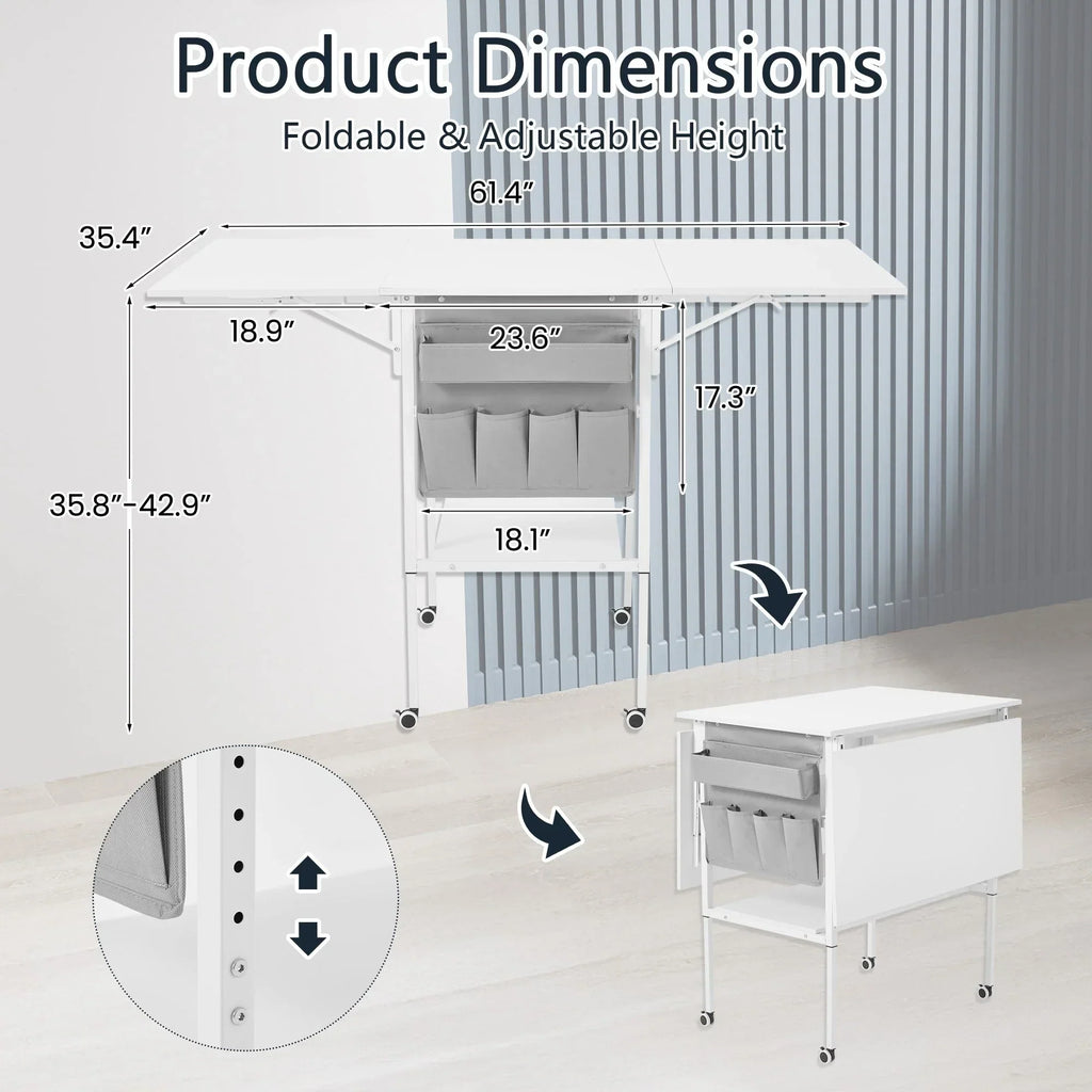 Table de bricolage réglable en hauteur avec étagères de rangement, table de découpe pliante mobile pour bureau à domicile, salle de couture ou atelier créatif