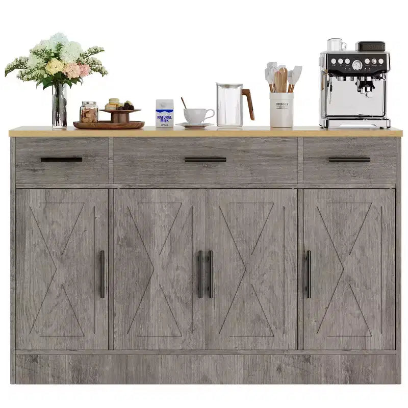 Buffet de rangement Celebalcony, grand meuble de cuisine de 53,4 pouces avec 3 tiroirs et 4 portes, étagère réglable pour la cuisine et le salon