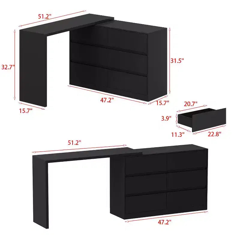 Buffet bahut intelligent pivotant/extensible avec 6 tiroirs, plateau extensible, tapis antidérapant, table à manger pivotante, garde-manger îlot de cuisine