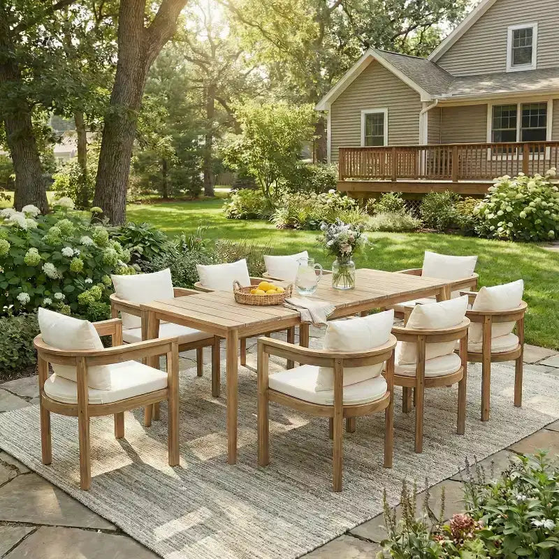 Christopher Knight Home Irene rustieke 9-delige eethoek voor buiten van acaciahout met stoelen met gebogen rugleuning en kussens