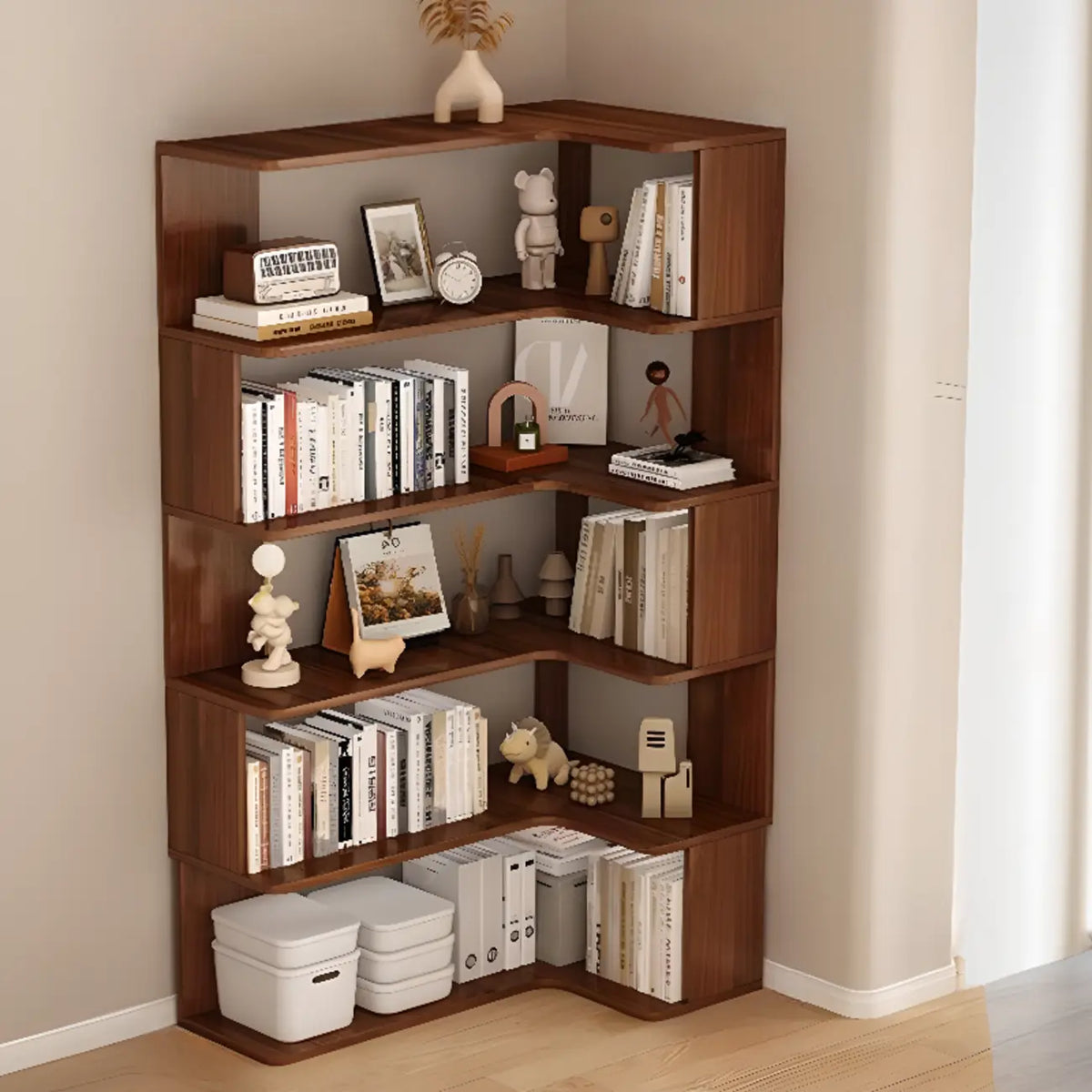 Eckbücherregal aus Holzwerkstoff mit 6 Ablagen