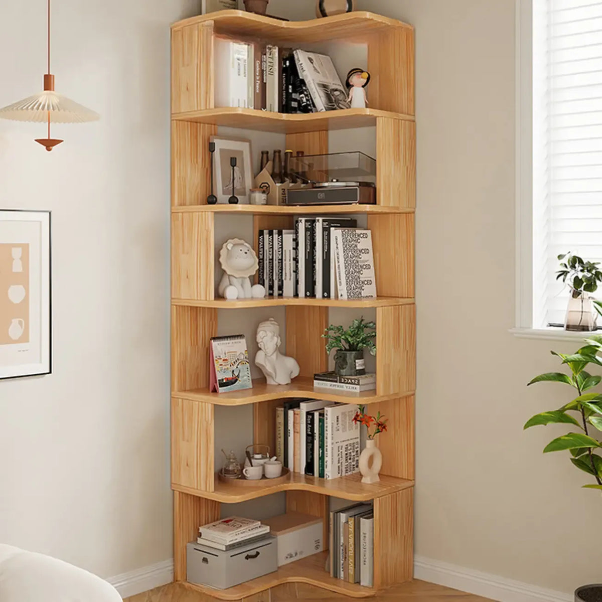 Boekenkast van hout met natuurlijke afwerking, L-vormig, verticaal en met open achterzijde