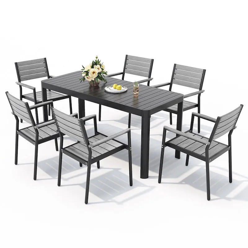 5/7-teiliges Aluminium-Essset für die Terrasse mit stapelbaren Stühlen und ausziehbarem Tisch