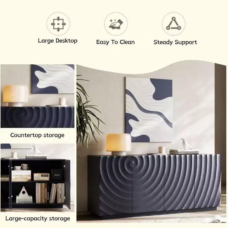 Buffet bahut en spirale moderne 59, meuble de rangement d’entrée artistique bas avec portes à texture ondulée 3D