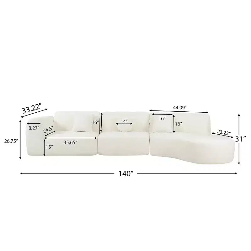 140-Inch Modern Curved Sectional Sofa with Chaise Lounge, 3-Piece Set, for Living Room