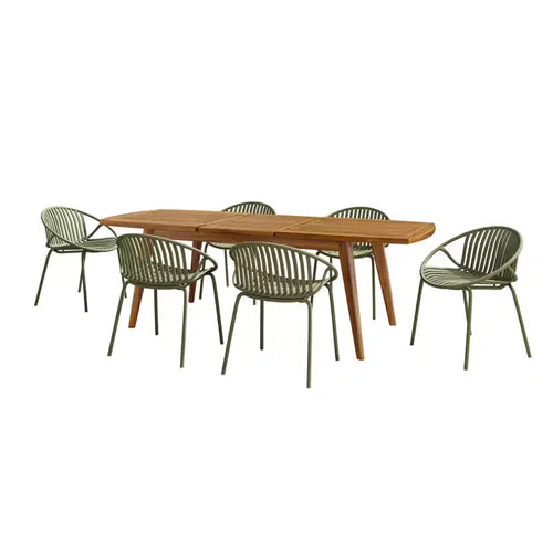 7-delige uitschuifbare tuin-eetset met stapelbare stoelen en acaciahouten tafel