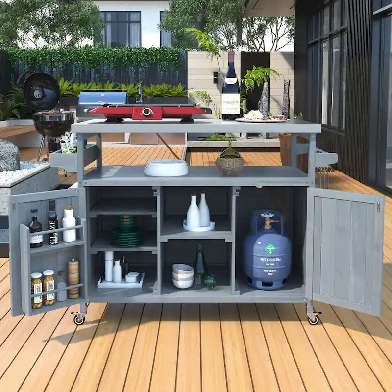 Outdoor-Kücheninsel, rollbarer Barwagen und Aufbewahrungsschrank, Grilltisch aus Massivholz mit Edelstahlplatte, Gewürzregal und Handtuchhalter