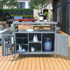Outdoor-Kücheninsel, rollbarer Barwagen und Aufbewahrungsschrank, Grilltisch aus Massivholz mit Edelstahlplatte, Gewürzregal und Handtuchhalter