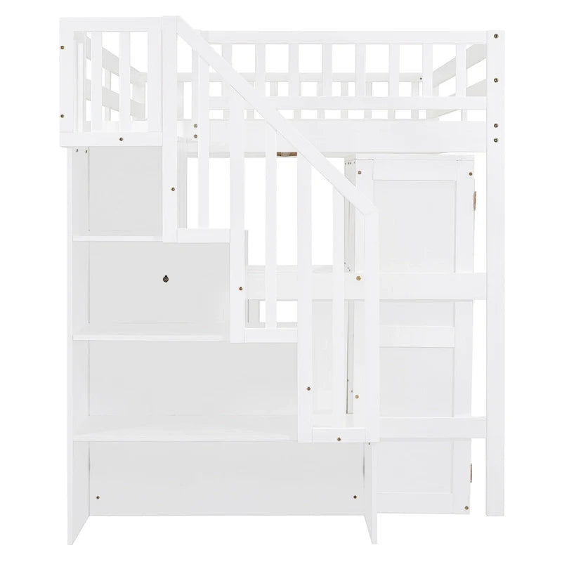 Full Size Loft Bed with Stairs, Bookshelf, Desk & Wardrobe - Space-Saving Multifunctional Furniture for Kids & Teens-White
