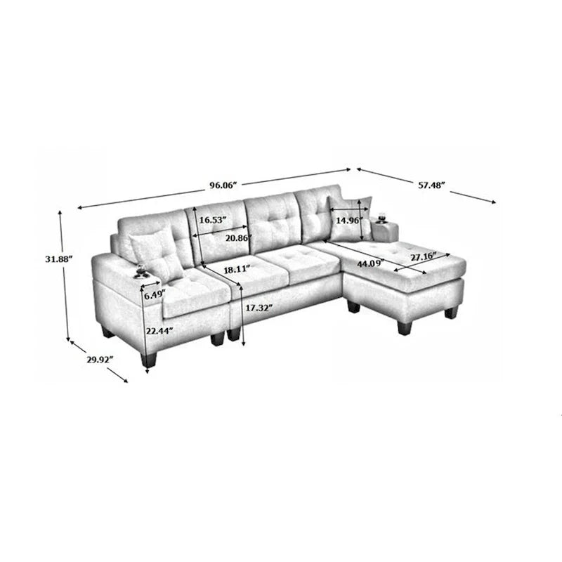 Ecksofa für das Wohnzimmer mit L-förmiger Chaiselongue und Getränkehalter