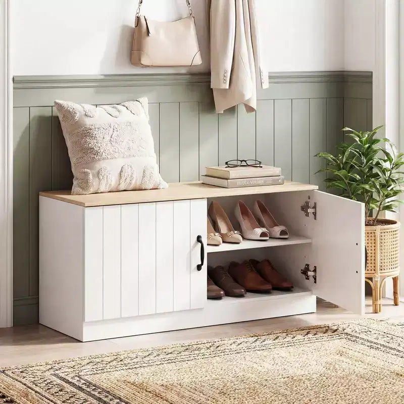 2-Door Shoe Bench wirh Adjustable Shelves Hidden Storage Space Natural + White/Whi5te