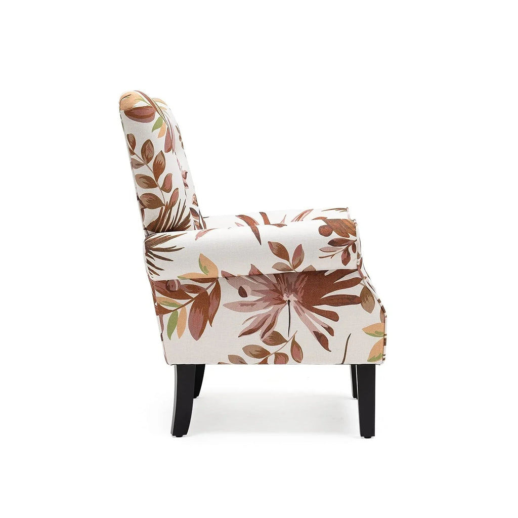 Erommy moderne accentstoel, fauteuil met hoge rugleuning, gestoffeerde stoffen fauteuil met knopen en houten poten voor de woonkamer