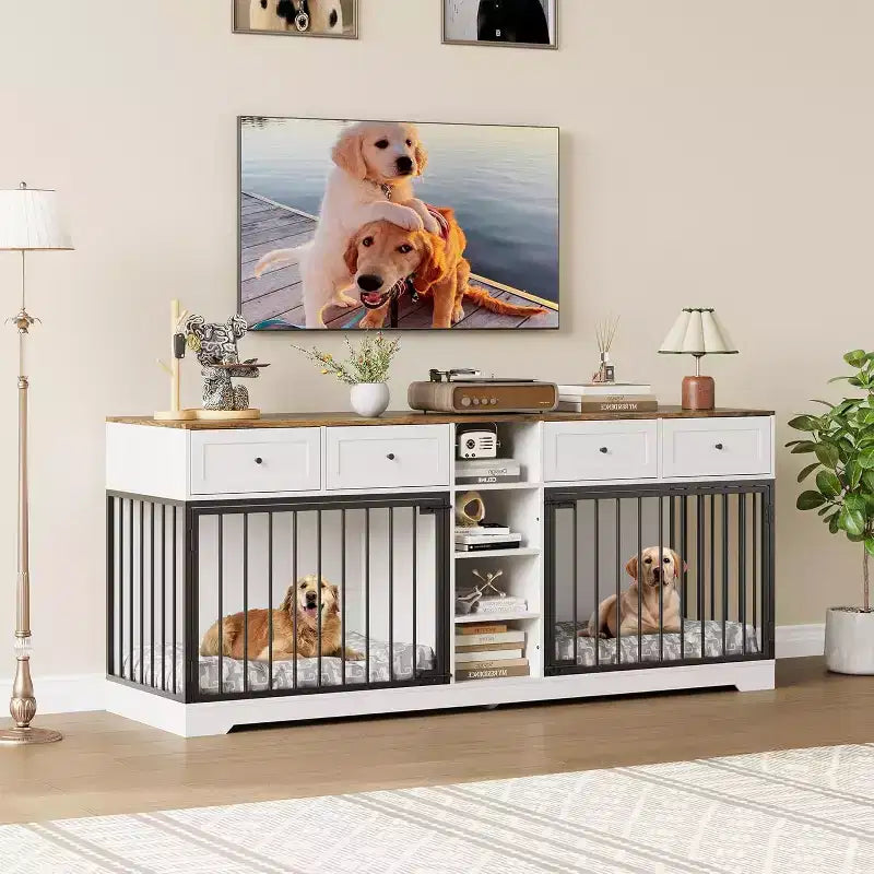82 Möbel für zwei Hundeboxen, großer Hundezwinger für den Innenbereich für 2 Hunde, robuster Hundeschrank aus Holz als TV-Ständer mit 4 Schubladen und Regalen