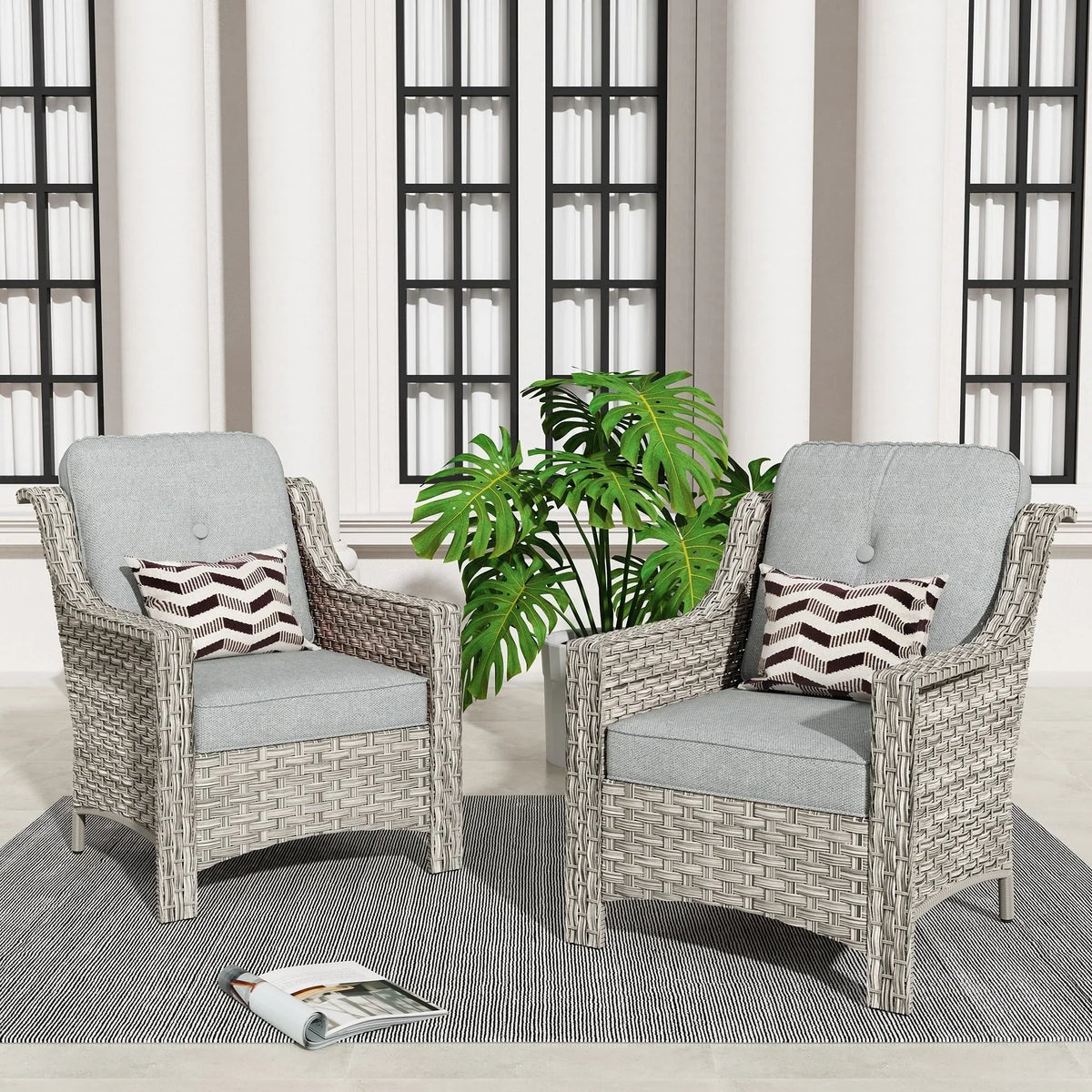 Ensemble de 2 fauteuils de jardin d’extérieur HOOOWOOO en rotin tressé à dossier haut