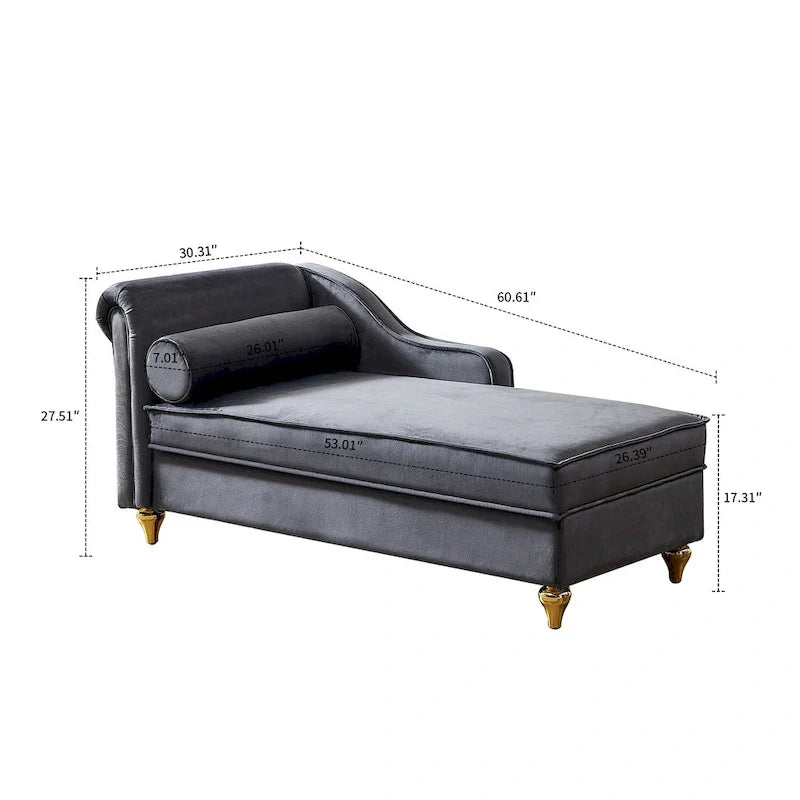 Fauteuil méridienne élégant français en velours avec revêtement rembourré et rangement, avec coussin