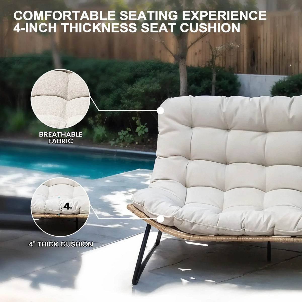 Fauteuil double Papasan avec coussin, rotin PE toutes saisons et structure en métal, pour intérieur et extérieur
