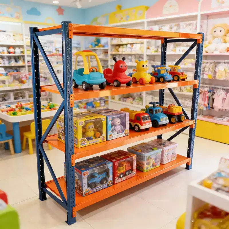 Étagères de garage robustes VIYET, rayonnage métallique réglable à 4 niveaux d’une capacité de 4 400 lb, rangement industriel bleu et orange pour magasin commercial, outils et salle de sport
