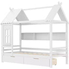 Lit plateforme en forme de maison avec tiroirs de rangement et fenêtre, cadre en bois massif avec étagères, design ludique pour enfant, blanc clair