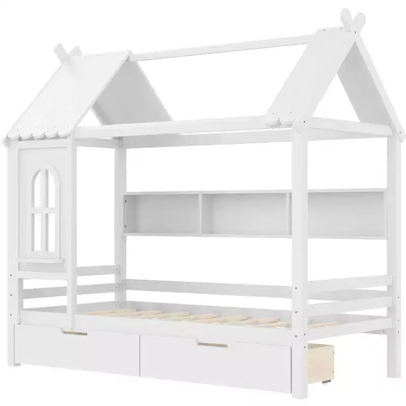 Lit plateforme en forme de maison avec tiroirs de rangement et fenêtre, cadre en bois massif avec étagères, design ludique pour enfant, blanc clair