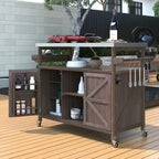 Outdoor-Kücheninsel, rollbarer Barwagen und Aufbewahrungsschrank, Grilltisch aus Massivholz mit Edelstahlplatte, Gewürzregal und Handtuchhalter