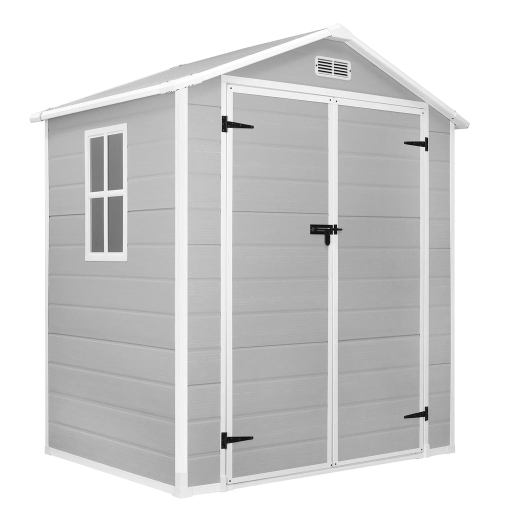 Opslagschuur van 6 ft x 4 ft/6 ft x 8 ft/8 ft x 6 ft/8 ft x 10 ft, weerbestendig kunststofhars voor buiten met vloer, gereedschapsschuur met puntdak