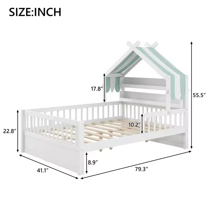 Lit cabane en bois ModernLuxe pour 1 ou 2 personnes avec tête de lit avec rangement, cadre de lit pour enfants en pin massif avec barrières de sécurité