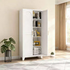Homy Casa 4-Door Storage Cabinet with Cane Panels and Adjustable Shelves for Living Room, Dining Room, or Entryway, Black and Natural