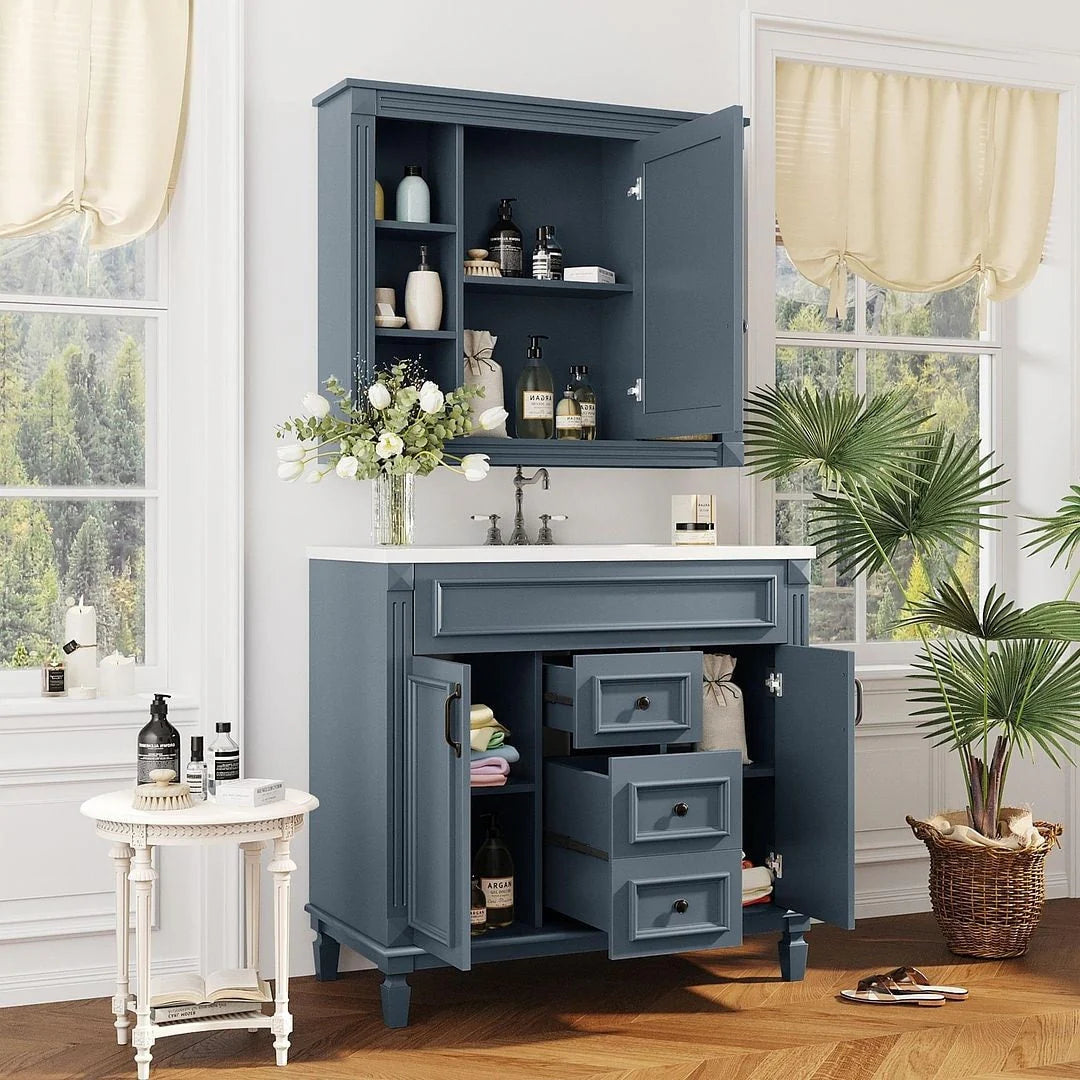 Meuble-lavabo moderne de salle de bains de 36 po avec vasque sur plan, armoire à miroir, 2 portes et 2 tiroirs