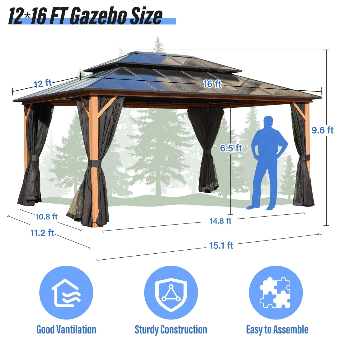 EROMMY Pavillon mit festem Dach, Outdoor-Pergola mit Doppeldach, Netzvorhängen und Vorhängen, robustes Vordach für Terrasse, Garten und Poolpartys