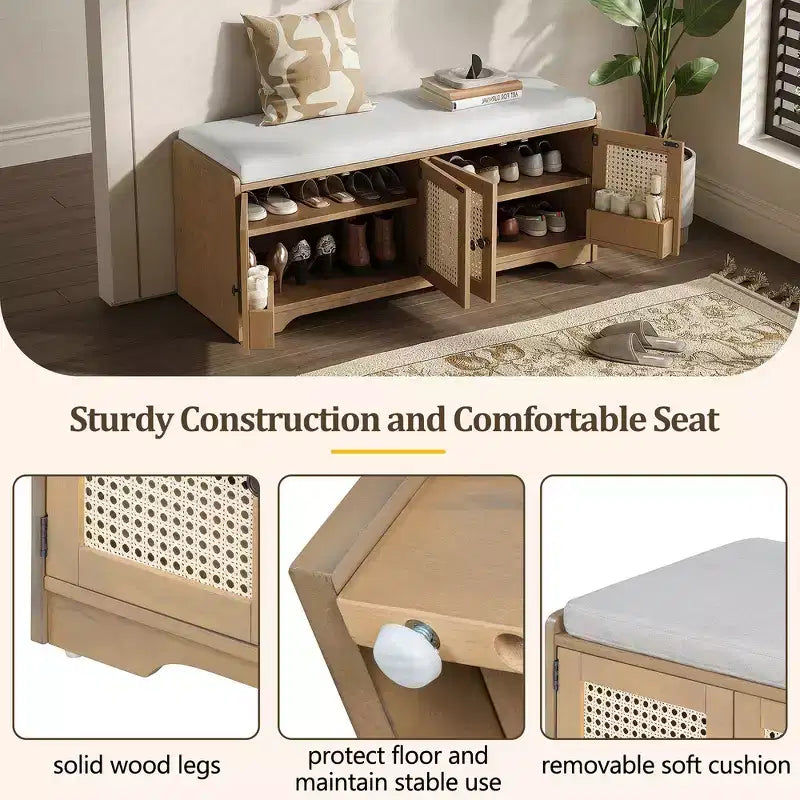 Banc de rangement rustique en bois Whisen, banc à chaussures pour entrée avec coussin amovible et étagères réglables