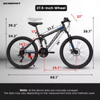 Okak Mountainbike 27,5 Zoll mit vorderen und hinteren Doppelstoßdämpfern, Dirtbike mit 21 Gängen und mechanischen Scheibenbremsen, Erwachsenenfahrrad für Männer und Frauen