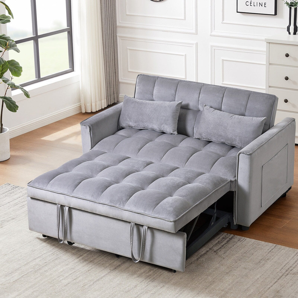 Modernes ausziehbares Schlafsofa, 3-in-1-Schlafsofa mit verstellbarer Rückenlehne, Samt-Loveseat, Kissen und Seitentaschen