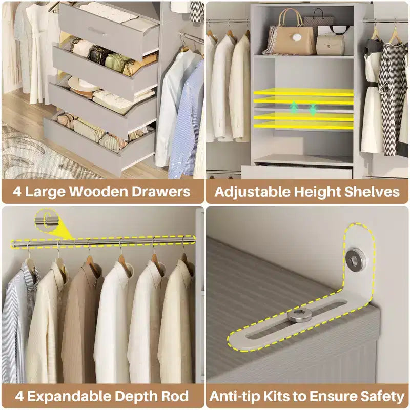 Besiost Holz-Kleiderschrank-Organizersystem für 1,2–2,7 m mit 4 Schubladen, 4 Kleiderstangen und Regaltürmen