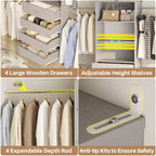 Besiost Holz-Kleiderschrank-Organizersystem für 1,2–2,7 m mit 4 Schubladen, 4 Kleiderstangen und Regaltürmen