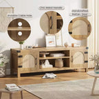165 cm breiter TV-Schrank im Boho-Stil mit Flechttür – Unterhaltungsschrank aus Holz mit zwei Schränken und verstellbaren Einlegeböden, geeignet für Wohnzimmer