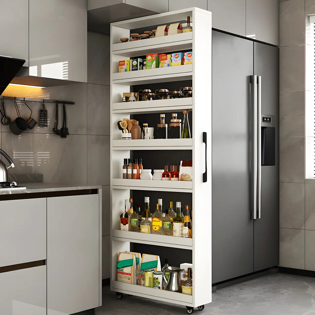Moderner Buffetschrank aus Holz mit offenen Regalen und Rollen