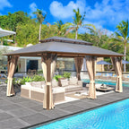 EROMMY Pavillon mit festem Dach, Outdoor-Pergola mit Doppeldach, Netzvorhängen und Vorhängen, robustes Vordach für Terrasse, Garten und Poolpartys