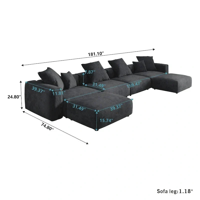 Grote modulaire hoekbank met corduroybekleding, U-vormig, 4-zits, met 2 ottomanen en 5 kussens