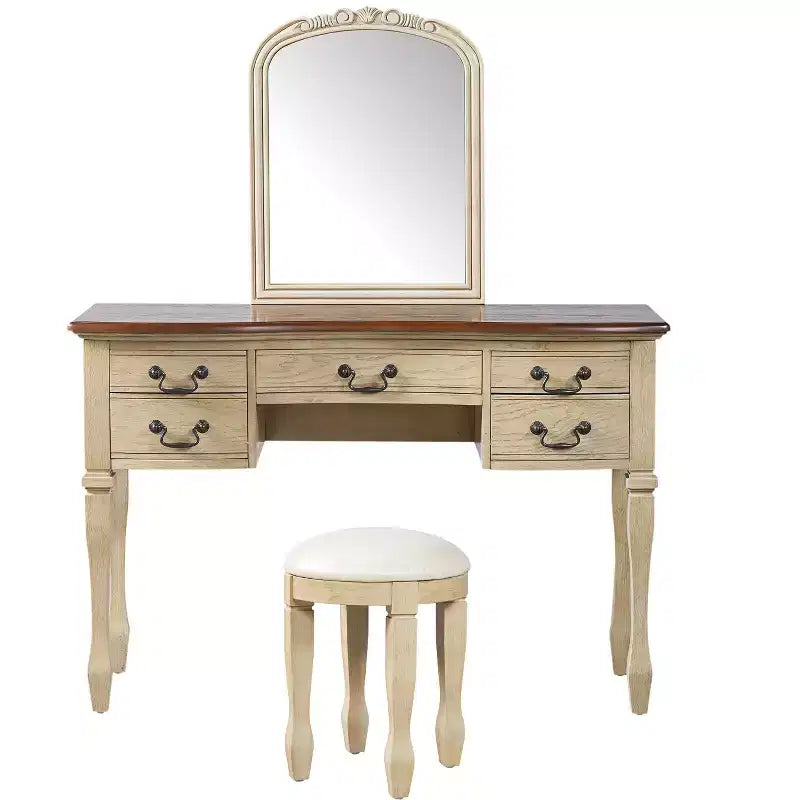 Vintage kaptafelset, vintage make-uptafel, kaptafel van 46 inch met gebogen bloemenpiegel en opbergruimte met 5 laden