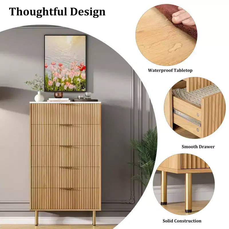 White / Marble & Wood 5-Drawer Dresser ?C Fluted Panel, for 1 Person Use